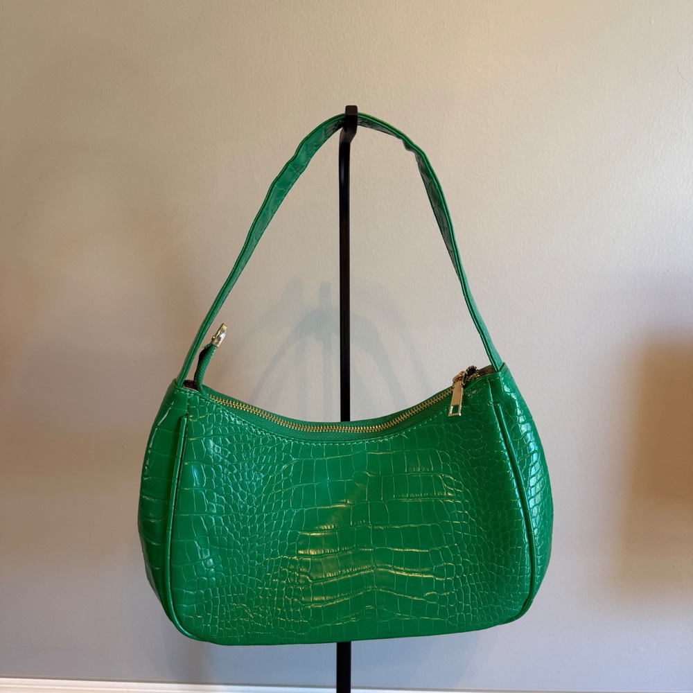 Green Croc Embossed Baguette Shoulder Bag‎ Faux Leather 90s Y2K Style Purse